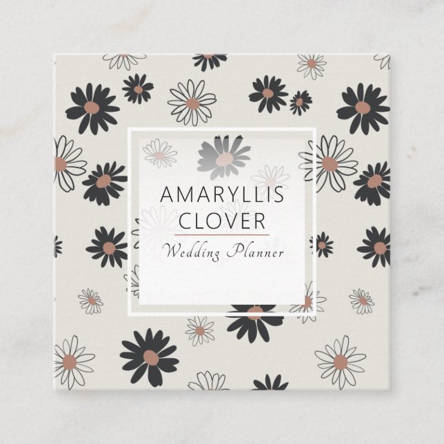 Daisy Flowers Black Pink Floral Pattern Square Business Card (Front)