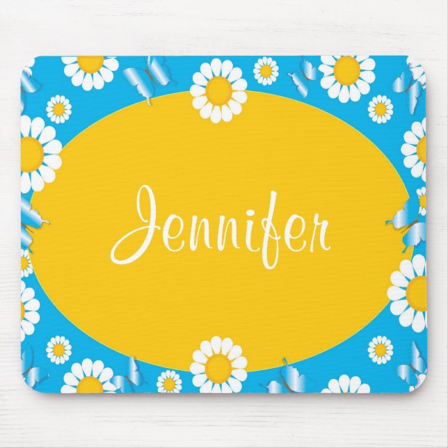 Daisy Flowers Blue & Yellow Personalized Mousepad (Front)