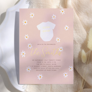 Daisy Flowers Boho Little Sister Shiny Baby Shower Foil Invitation