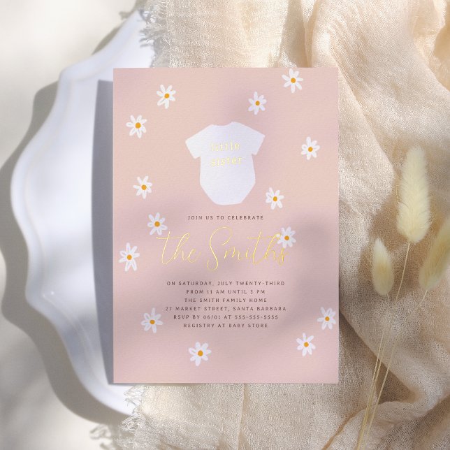 Daisy Flowers Boho Little Sister Shiny Baby Shower Foil Invitation (Creator Uploaded)