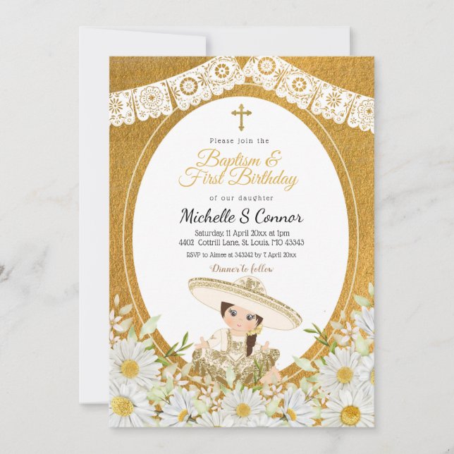 Daisy Flowers Charra Girl Baptism & First Birthday Invitation (Front)