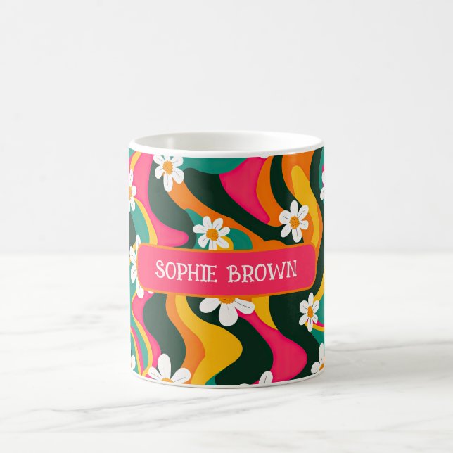 Daisy Flowers Colorful Retro Pattern with Name Coffee Mug (Center)