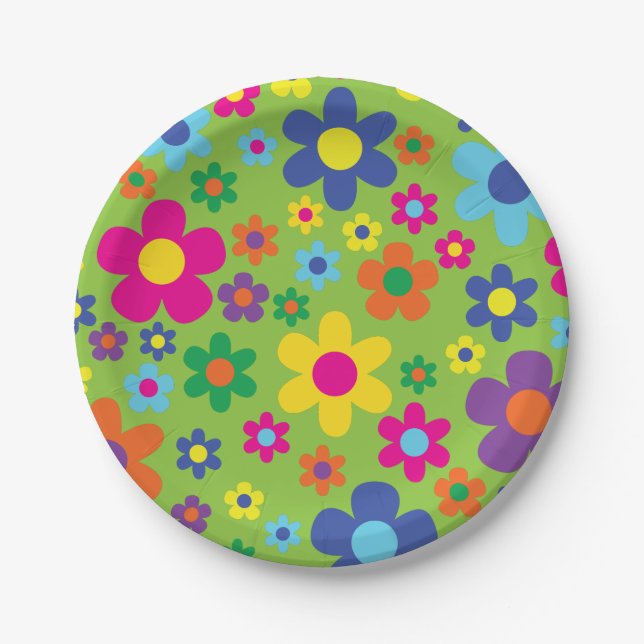 Daisy Flowers Cute Colorful 1st Birthday Party Paper Plates (Front)