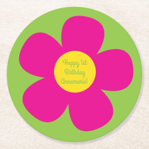 Daisy Flowers Cute Colorful 1st Birthday Party Round Paper Coaster