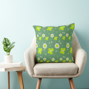 Daisy Flowers Green Grey Throw Pillow