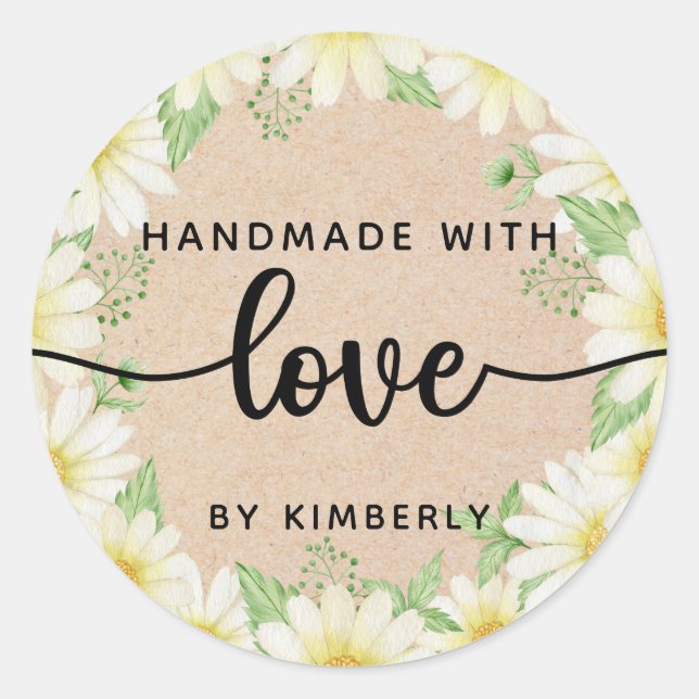 Daisy Flowers Handmade with Love Classic Round Sti Sticker (Front)