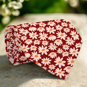 Daisy Flowers Illustration Red Pattern Wedding Neck Tie