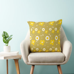 Daisy Flowers Mustard Yellow White Olive Throw Pillow