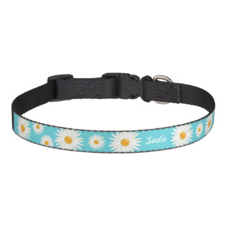 Daisy Flowers On Blue And Custom Dog's Name Pet Collar