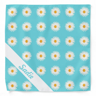 Daisy Flowers On Blue With Personalized Name Bandana