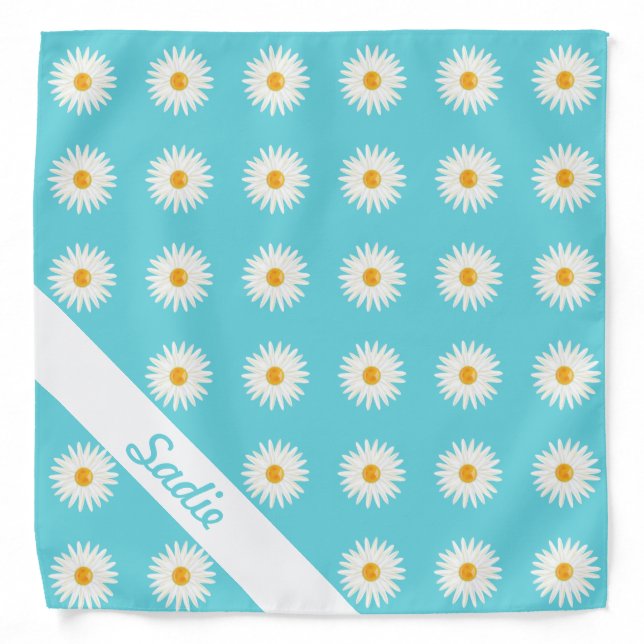 Daisy Flowers On Blue With Personalized Name Bandana (Front)