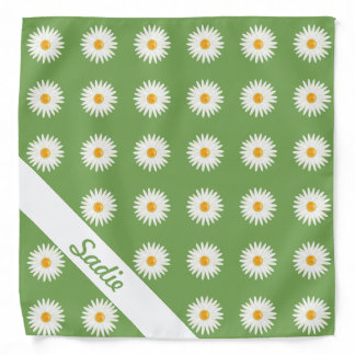 Daisy Flowers On Green With Custom Name Bandana