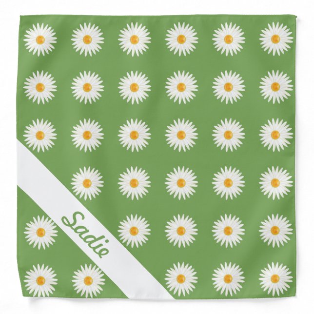 Daisy Flowers On Green With Custom Name Bandana (Front)