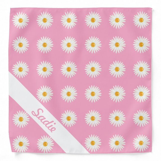 Daisy Flowers On Pink With Personalized Name Bandana (Front)