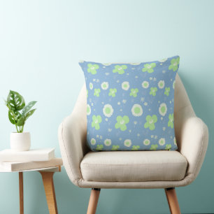 Daisy Flowers Pastel Green White On Pastel Blue Throw Pillow
