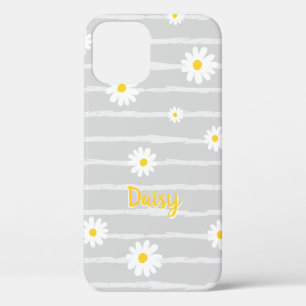 Daisy Flowers Pattern Gray Striped Personalized iPhone 12 Case