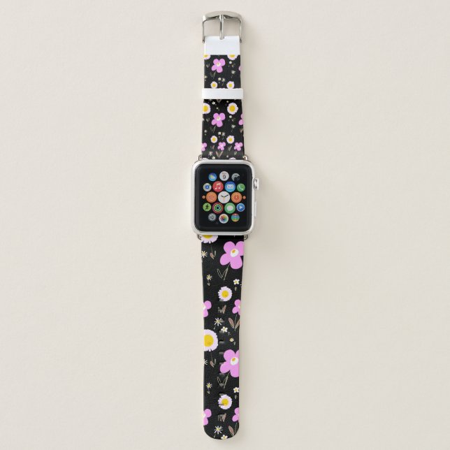 Daisy Flowers Pink Yellow Black  Apple Watch Band (Front)