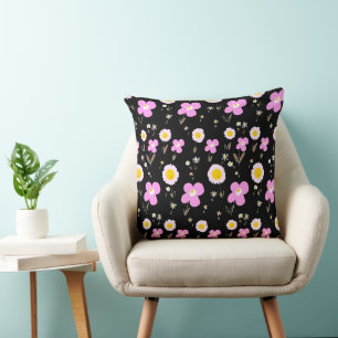 Daisy Flowers Pink Yellow Black Throw Pillow