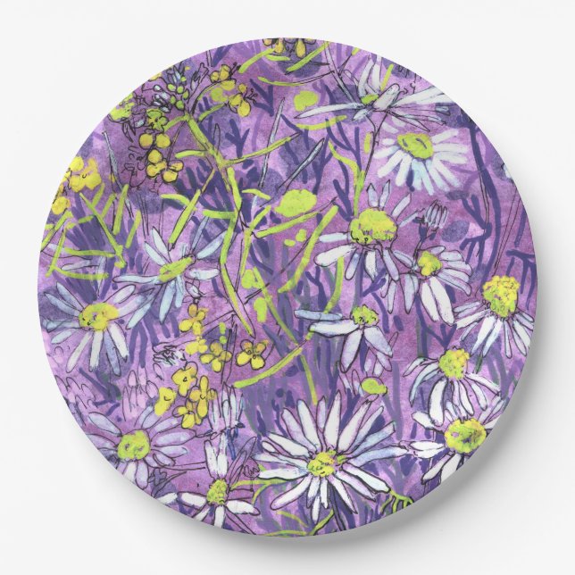Daisy Flowers Polka Dot Summer Flowers Floral Art Paper Plates (Front)