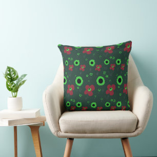 Daisy Flowers Red Green Black Throw Pillow