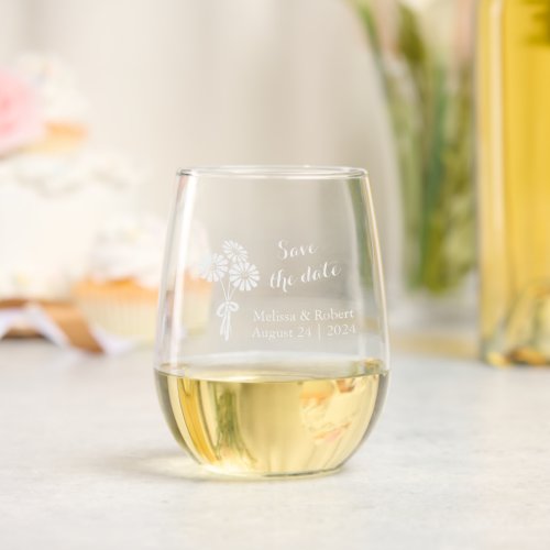 Daisy Flowers Save the Date Wedding Stemless Wine Glass