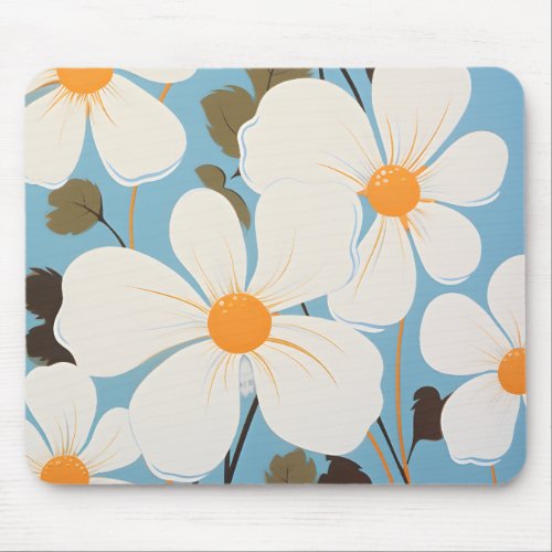 Daisy Flowers White Blue Floral Mouse Pad