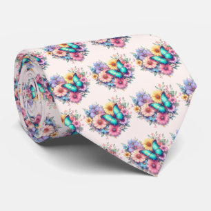 Daisy Flowers with a Beautiful Butterfly Pattern Neck Tie