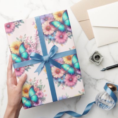 Daisy Flowers with a Beautiful Butterfly Pattern Wrapping Paper