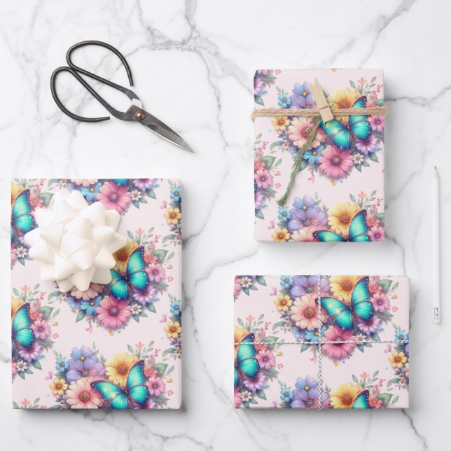 Daisy Flowers with a Beautiful Butterfly Pattern Wrapping Paper Sheets (Front)