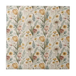 Daisy Flowers & Yellow Tulip Floral Garden Design Ceramic Tile
