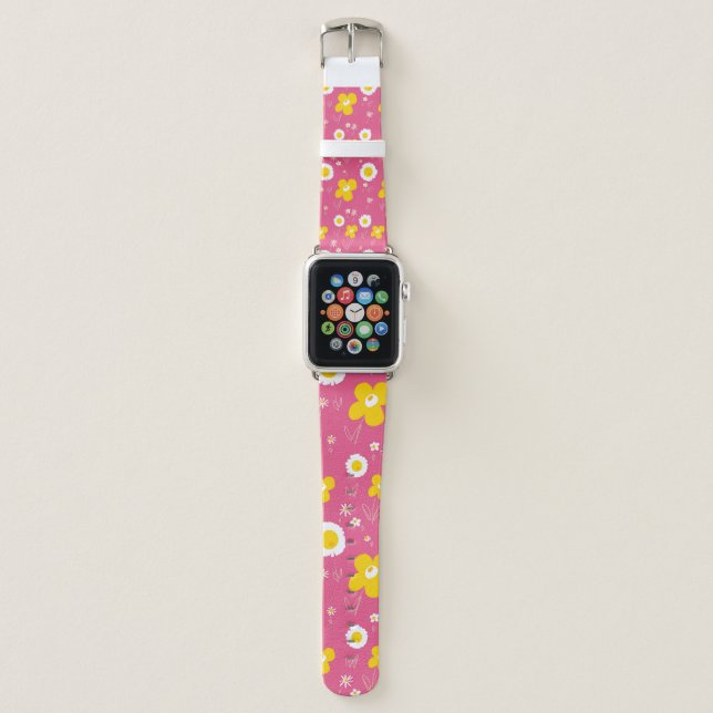 Daisy Flowers Yellow White On Pink Throw Pillow Apple Watch Band (Front)