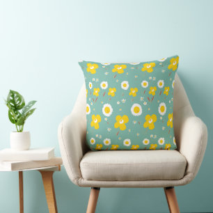 Daisy Flowers Yellow White On Teal Green Throw Pillow