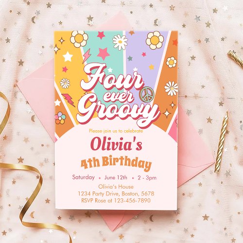 Daisy Four Ever Groovy 4th Birthday Invitation