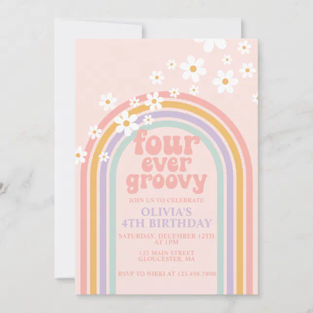 Daisy Four Ever Groovy Pastel rainbow 4th birthday Invitation | Zazzle