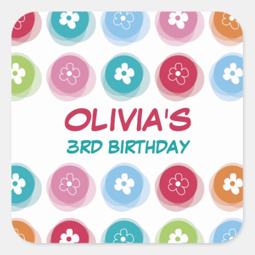 Daisy Fuzzy Color Dots Girl Birthday Party Sticker