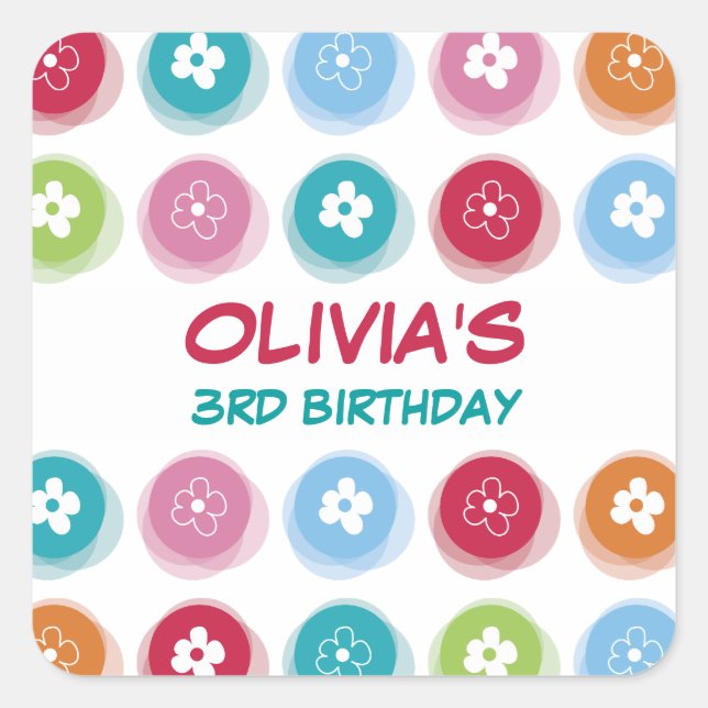Daisy Fuzzy Color Dots Girl Birthday Party Sticker (Front)