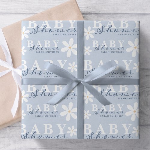 Daisy Garden Baby Shower Dusty Blue Wrapping Paper