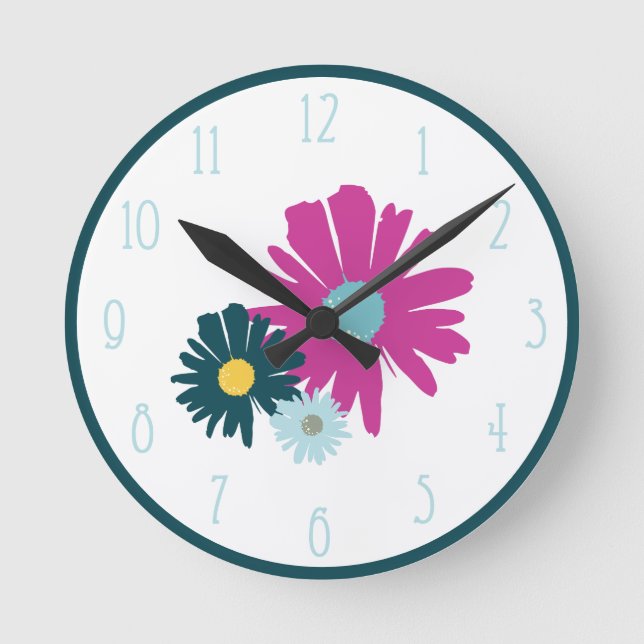 Daisy Garden Botanical Wildflower Dark Blue Round Clock (Front)