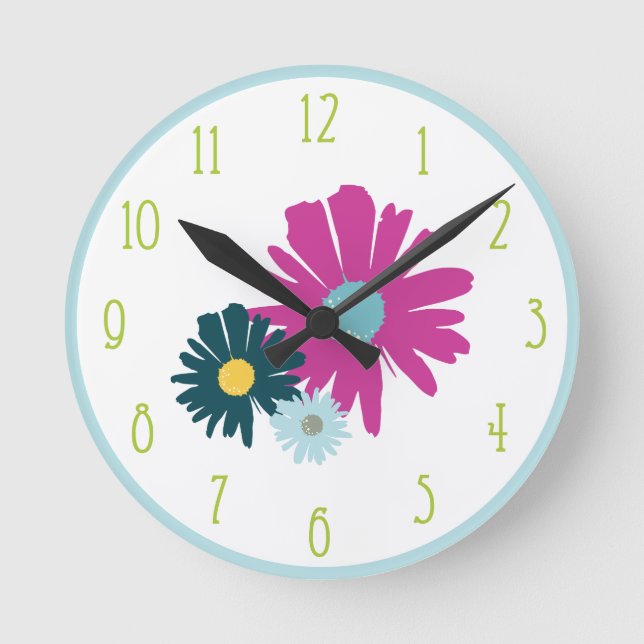 Daisy Garden Botanical Wildflower Light Blue Round Clock (Front)
