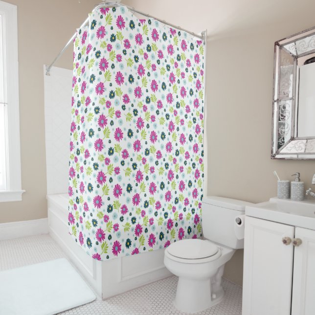 Daisy Garden Botanical Wildflower Pink Blue  Shower Curtain (In Situ)