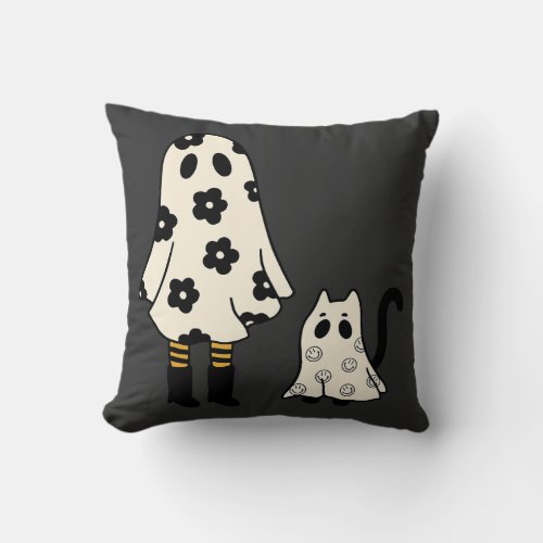 Daisy Ghost Cat Groovy Halloween Spooky Vintage Fl Throw Pillow