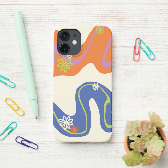 Daisy Groove Blue, Orange, Purple, Green, & Cream iPhone Case (On Desk)