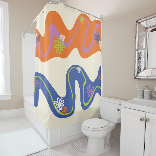 Daisy Groove Blue, Orange, Purple, Green, & Cream Shower Curtain (In Situ)