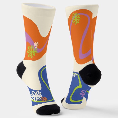 Daisy Groove Blue Orange Purple Green  Cream Socks