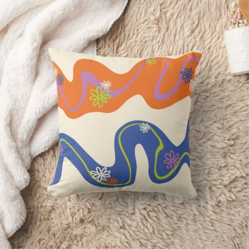 Daisy Groove Blue Orange Purple Green  Cream Throw Pillow