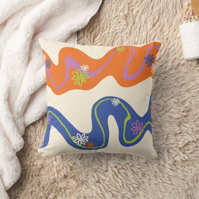 Daisy Groove Blue, Orange, Purple, Green, & Cream Throw Pillow (Blanket)