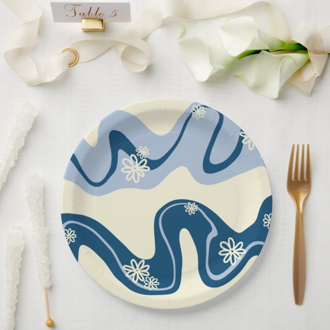 Daisy Groove - Dark Blue, Light Blue and Cream Paper Plates (Wedding)