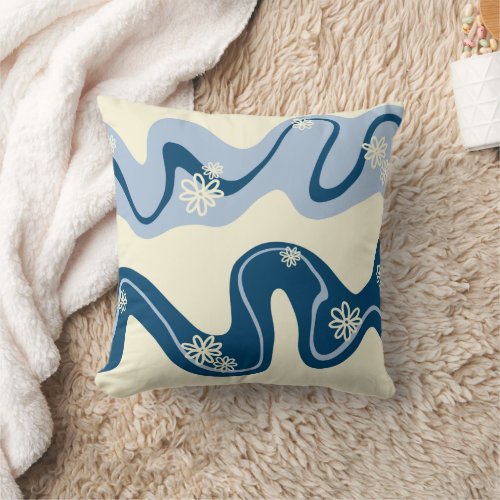 Daisy Groove _ Dark Blue Light Blue and Cream Throw Pillow