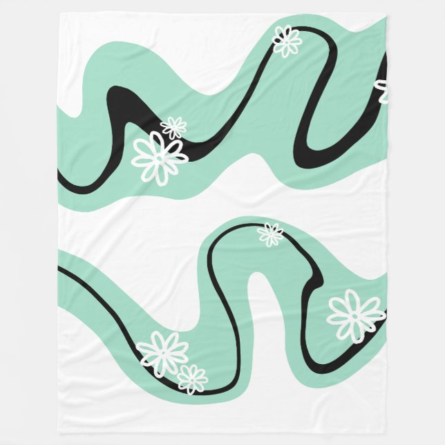 Daisy Groove in Mint Green, Black and White Fleece Blanket (Front)