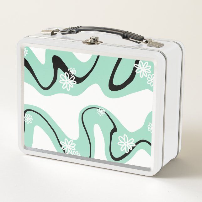 Daisy Groove in Mint Green, Black and White Metal Lunch Box (Front)